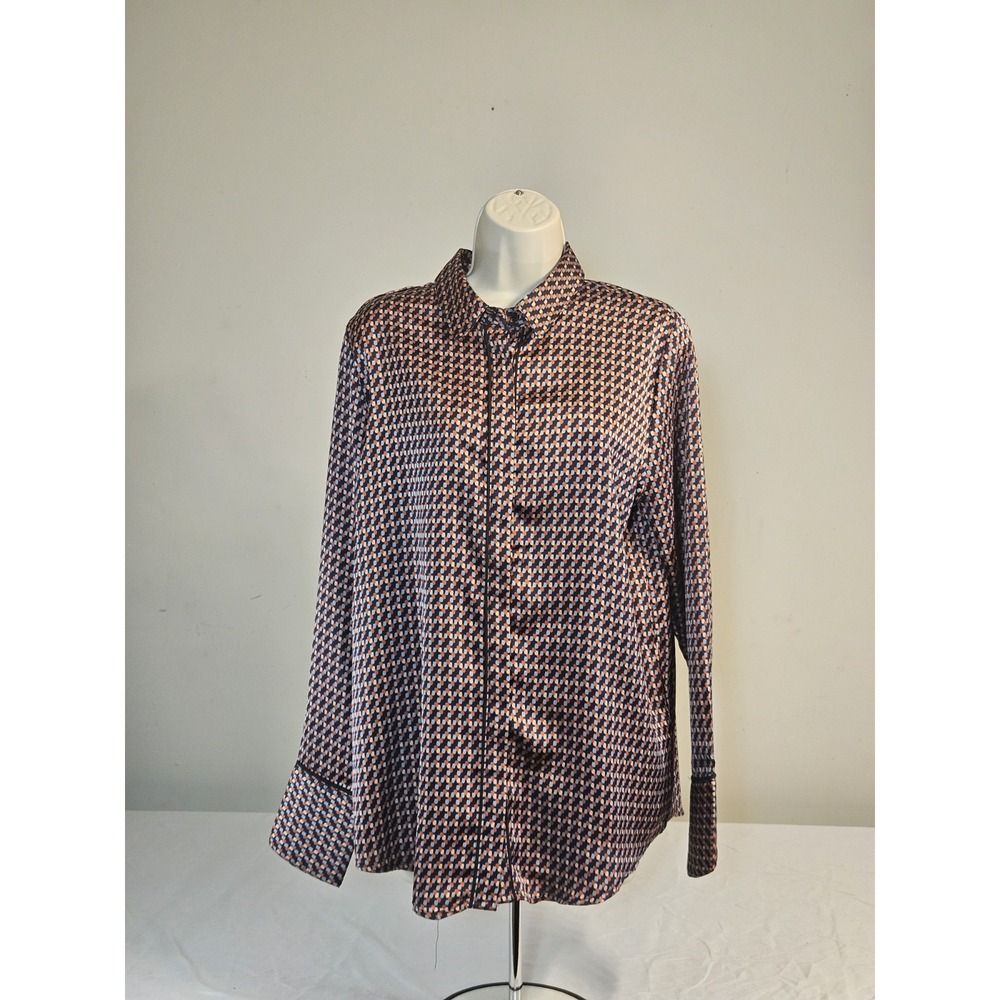 Molly Bracken Navy Rust Geometric Mosaic Satin Button Front Blouse Large